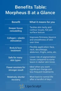 How Often Can I have Morpheus 8? 3 Table showing the benefits of Morpheus 8 treatment from Lipo Sculpt Nuneaton